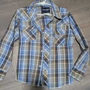 Wrangler Men's Casual Blue and Brown Checkered Shirt